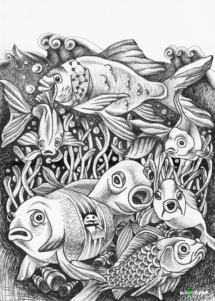 Ink Imaginarium black and white illustration - Fish Gang