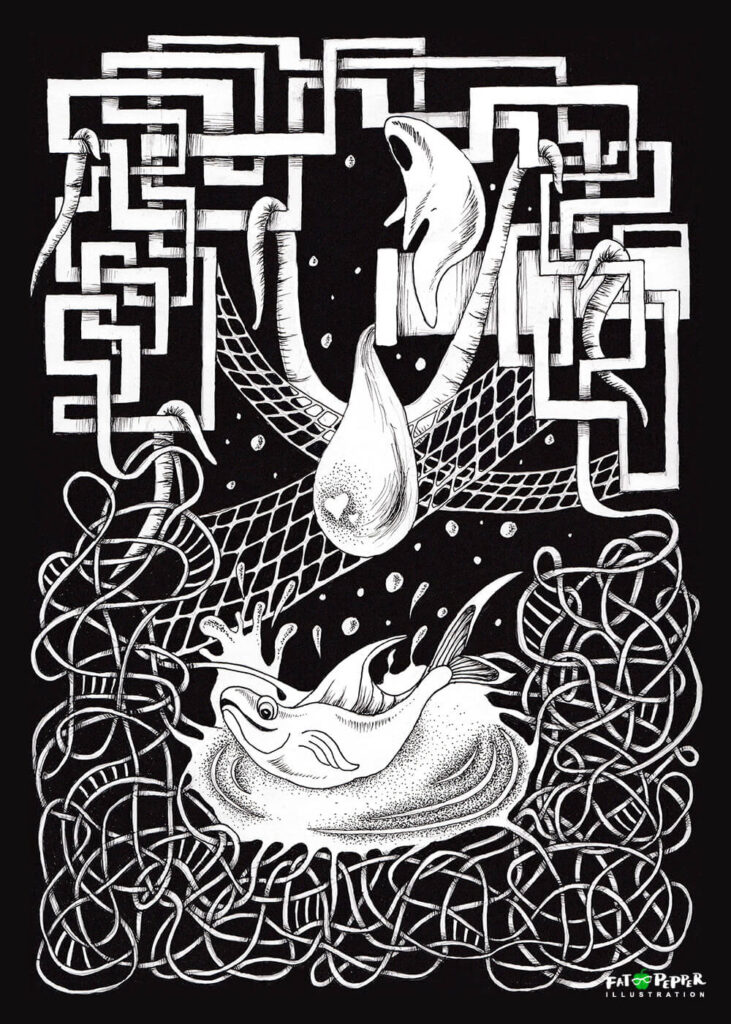 Ink Imaginarium black and white illustration - Fish Oil