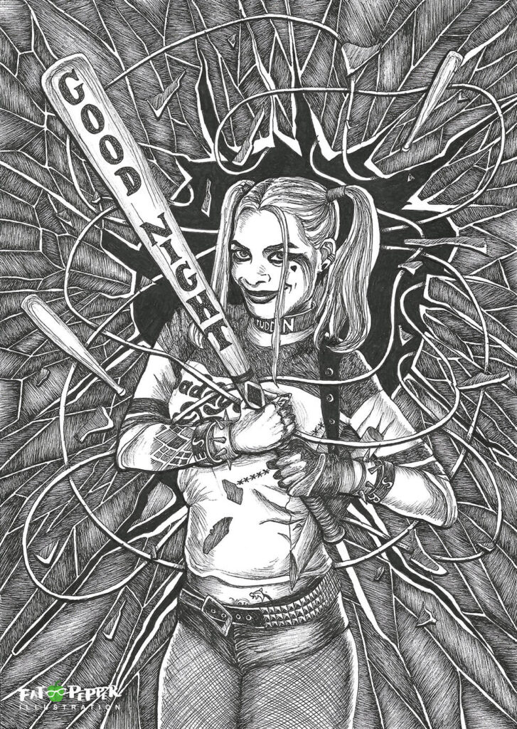 Ink Imaginarium black and white illustration - Harley Quinn