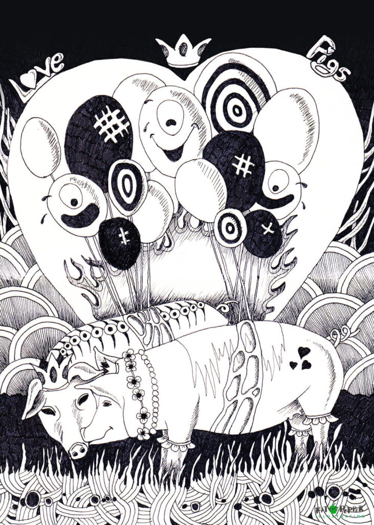 Ink Imaginarium black and white illustration - Love Pigs