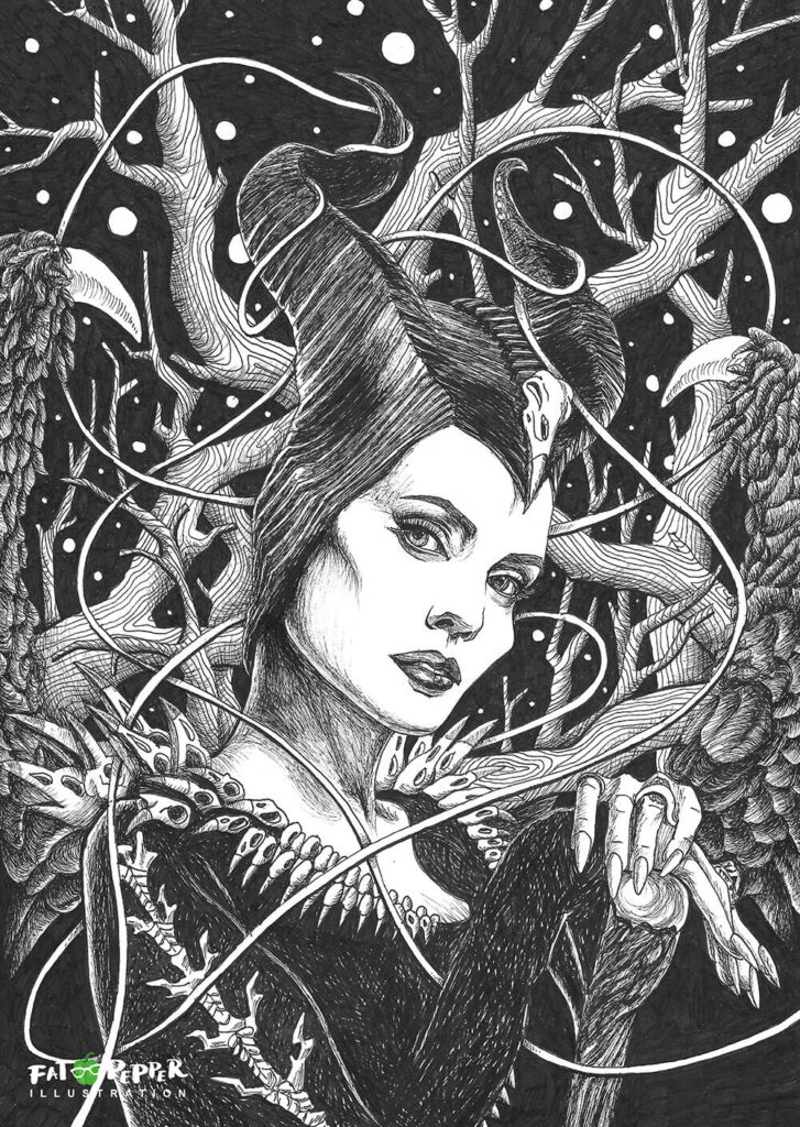 Ink Imaginarium black and white illustration - Maleficent