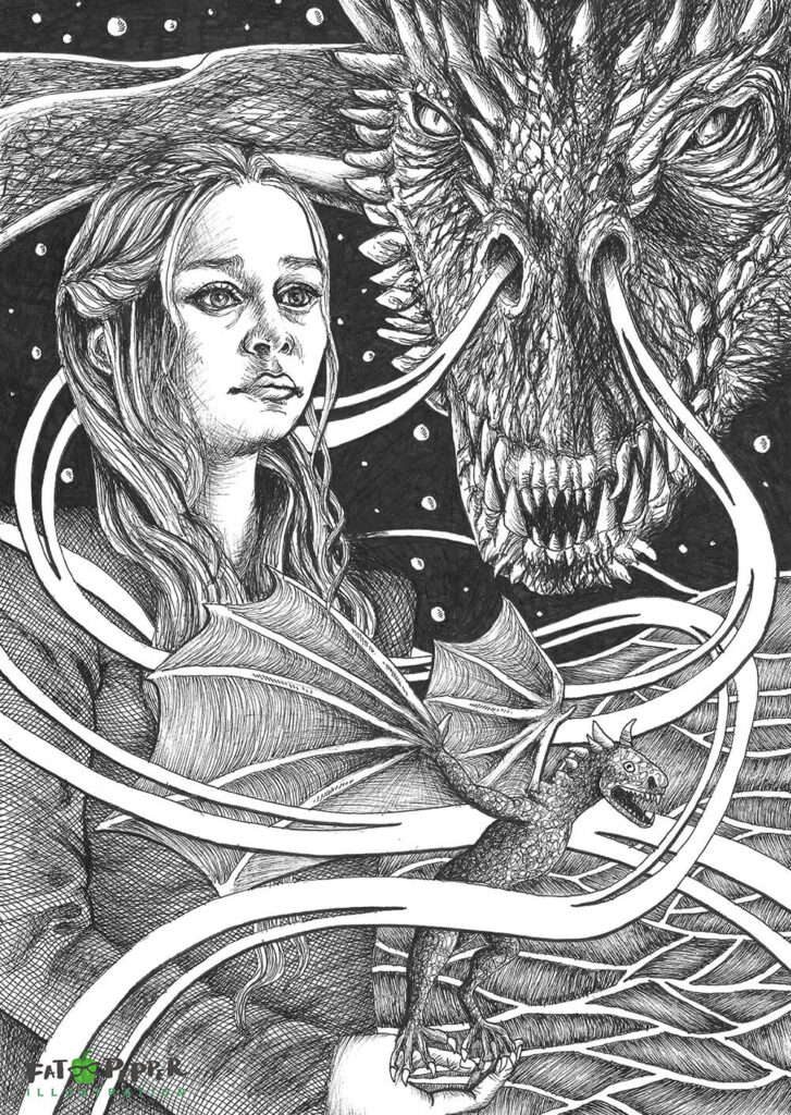 Ink Imaginarium black and white illustration - Mother of Dragons
