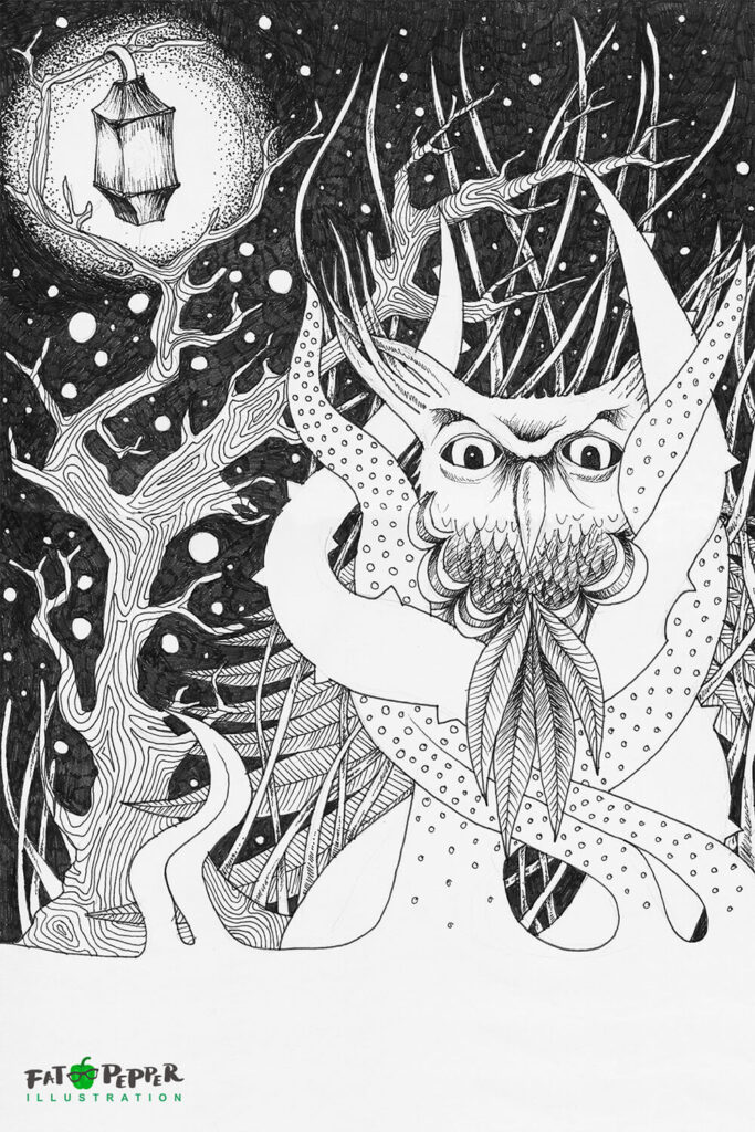 Ink Imaginarium black and white illustration - Night Owl