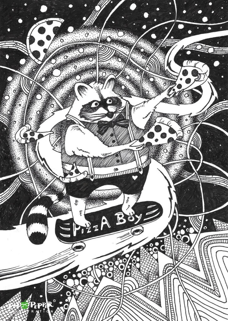Ink Imaginarium black and white illustration - Pizza Boy